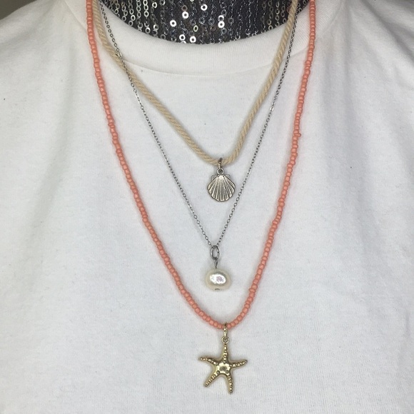 aeropostale multi strand necklace rope chain starfish shell freshwater pearl 22" - Picture 1 of 7